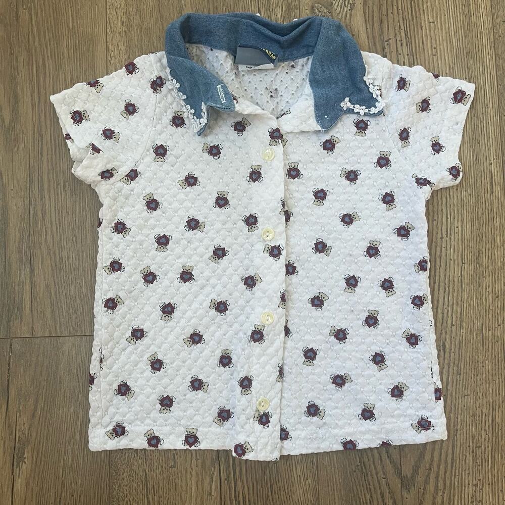 Vintage Teddy Bear Heart Button Up Denim Floral Trim Size 2T Toddler